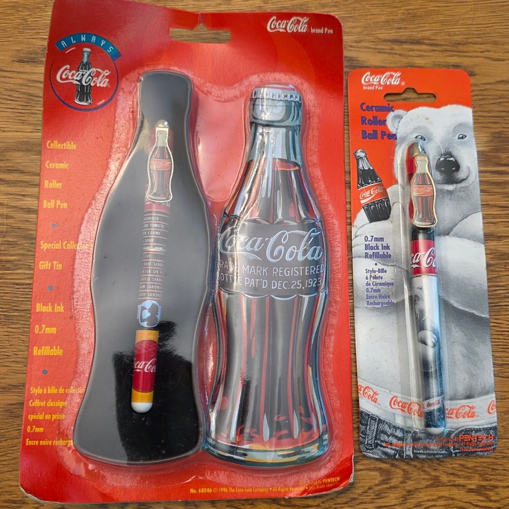 Vintage 1996 Coca-Cola Ceramic Roller Ball Pen Set Polar Bear & Bottle Tin New